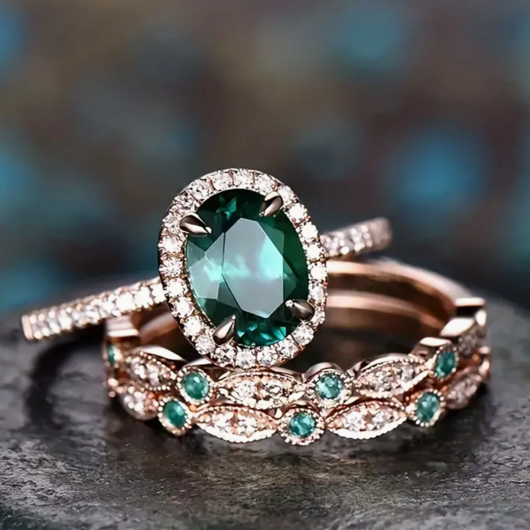 Unique Green Zirconia Rose Gold Ring Set