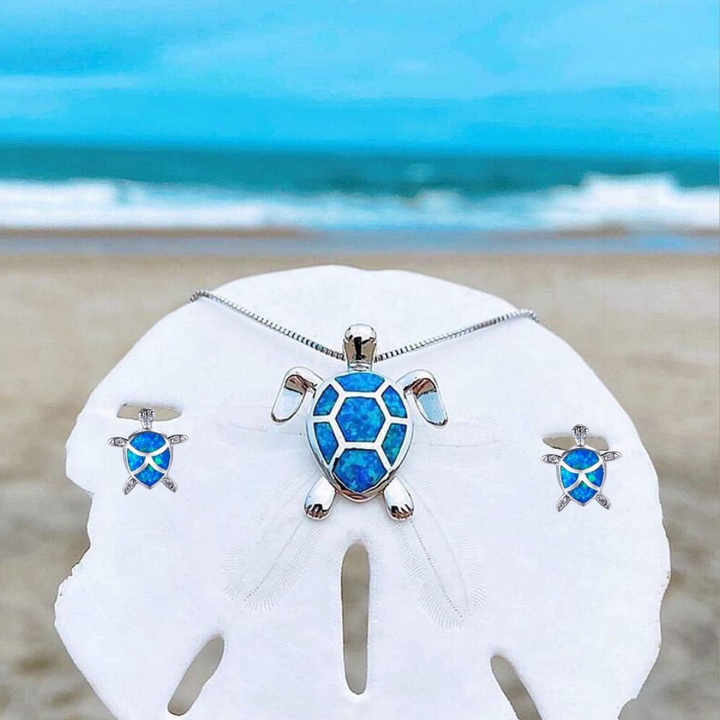 Opal & Silver Sea Turtle Necklace and Earring Set