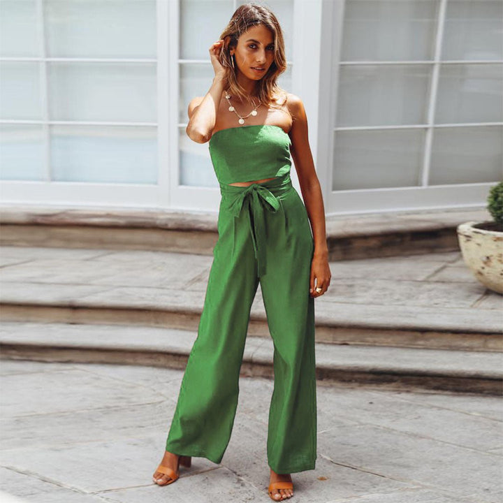 Sandy | Women's Strapless Tie Waist Wide Leg Jumpsuit