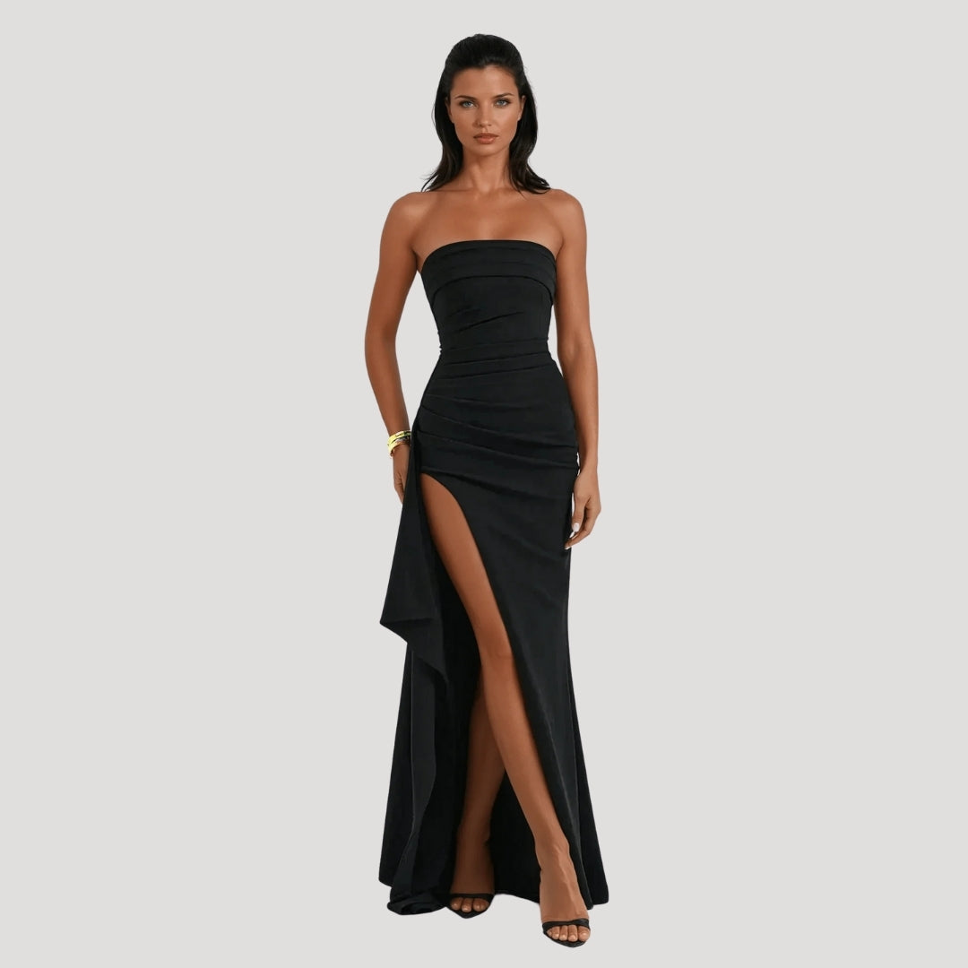 Clara - Black Tie Wedding Guest Strapless Maxi Dress