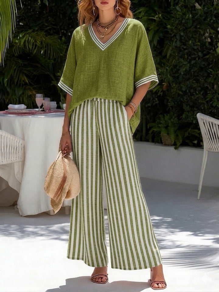 Brynn | Women's Striped V-Neck Wide Leg Pants Set