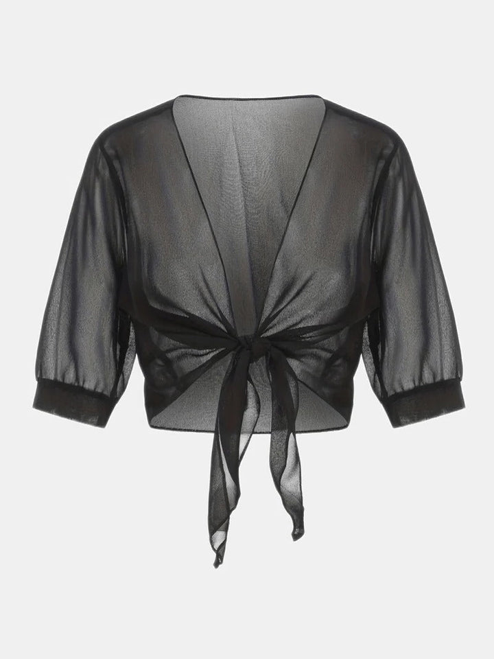 Brisa | Women's Tie Front Sheer Blouse Open Front 3/4 Sleeve Top