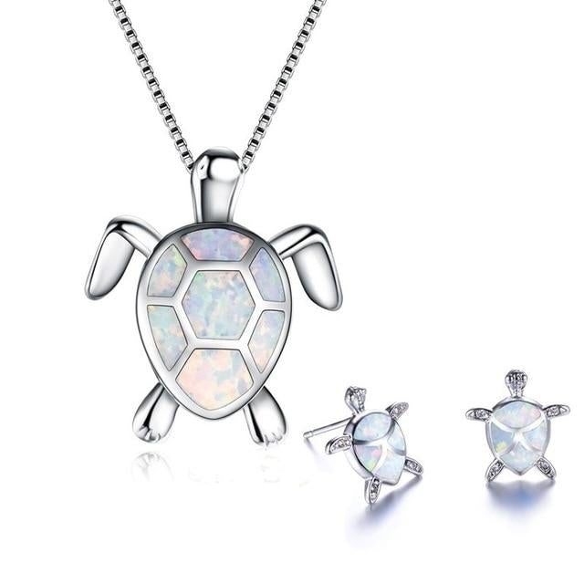 Opal & Silver Sea Turtle Necklace and Earring Set