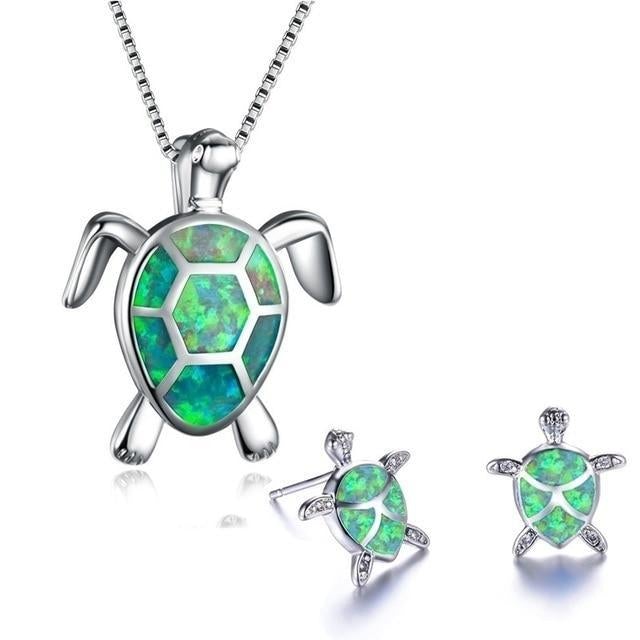 Opal & Silver Sea Turtle Necklace and Earring Set