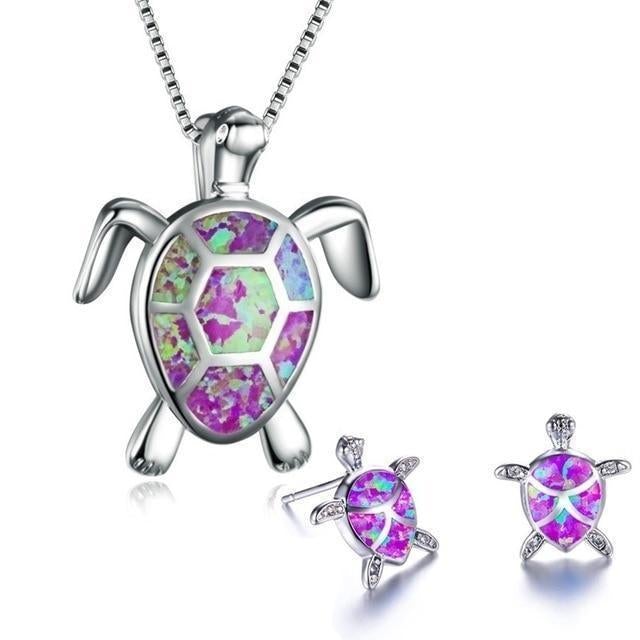 Opal & Silver Sea Turtle Necklace and Earring Set