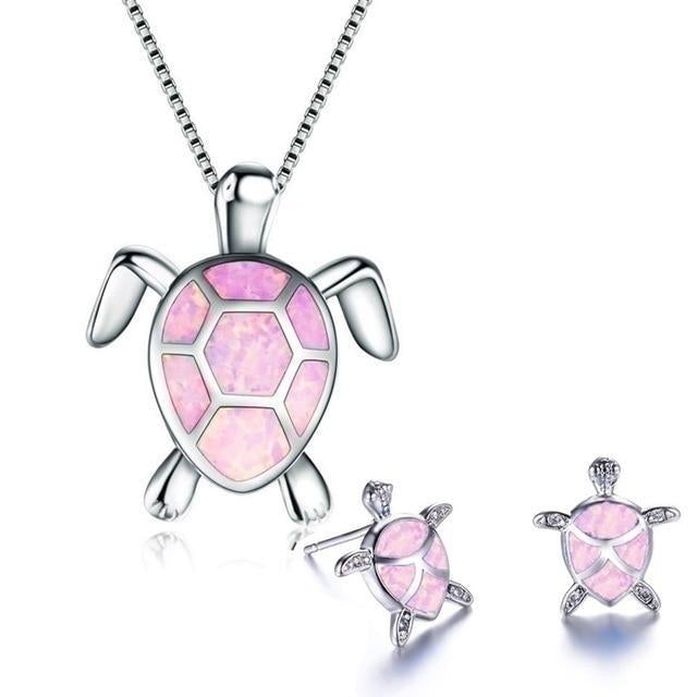 Opal & Silver Sea Turtle Necklace and Earring Set