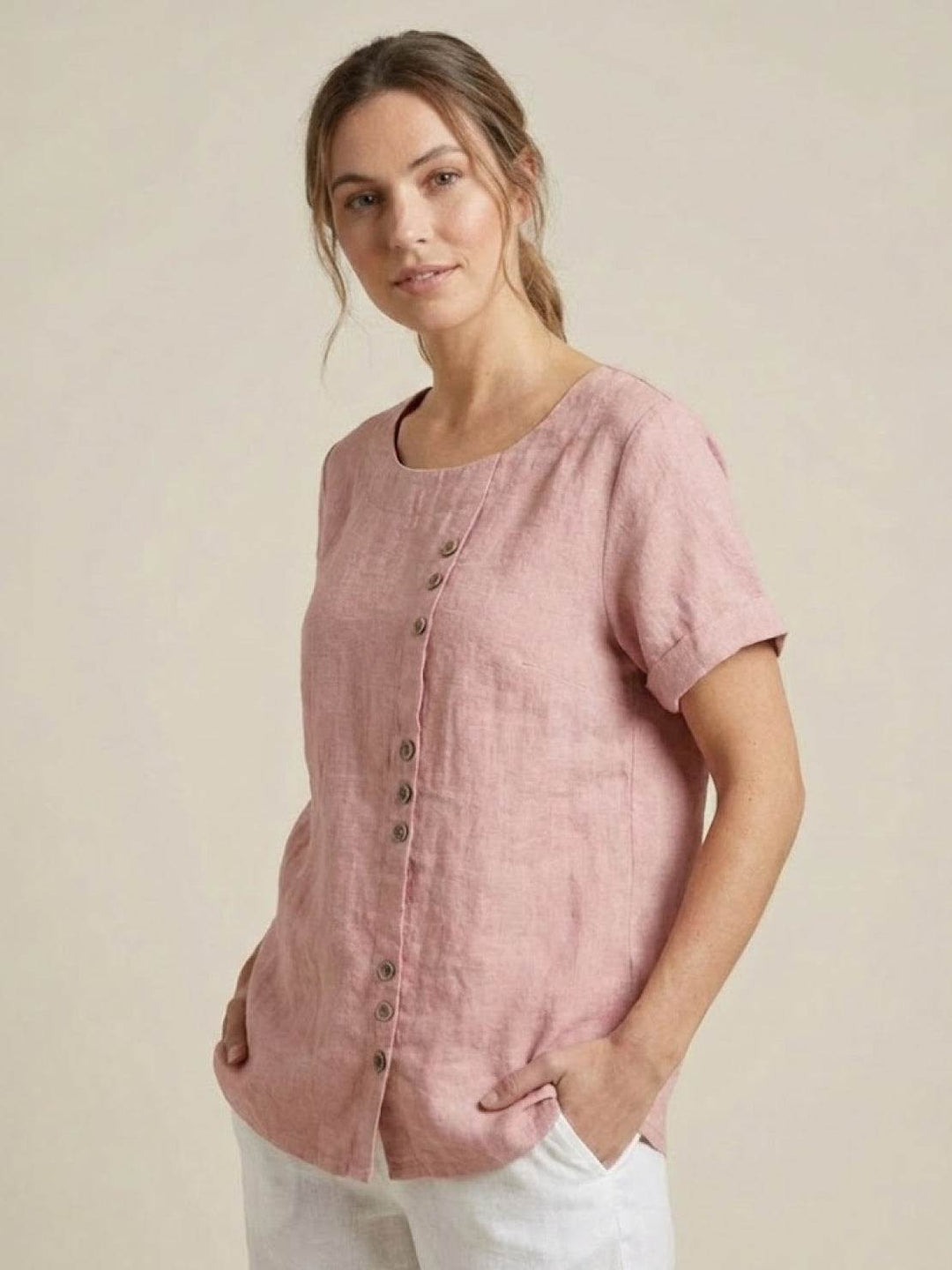 Foreen | Women's Casual Scoop Neck Button Detail Short Sleeve Top