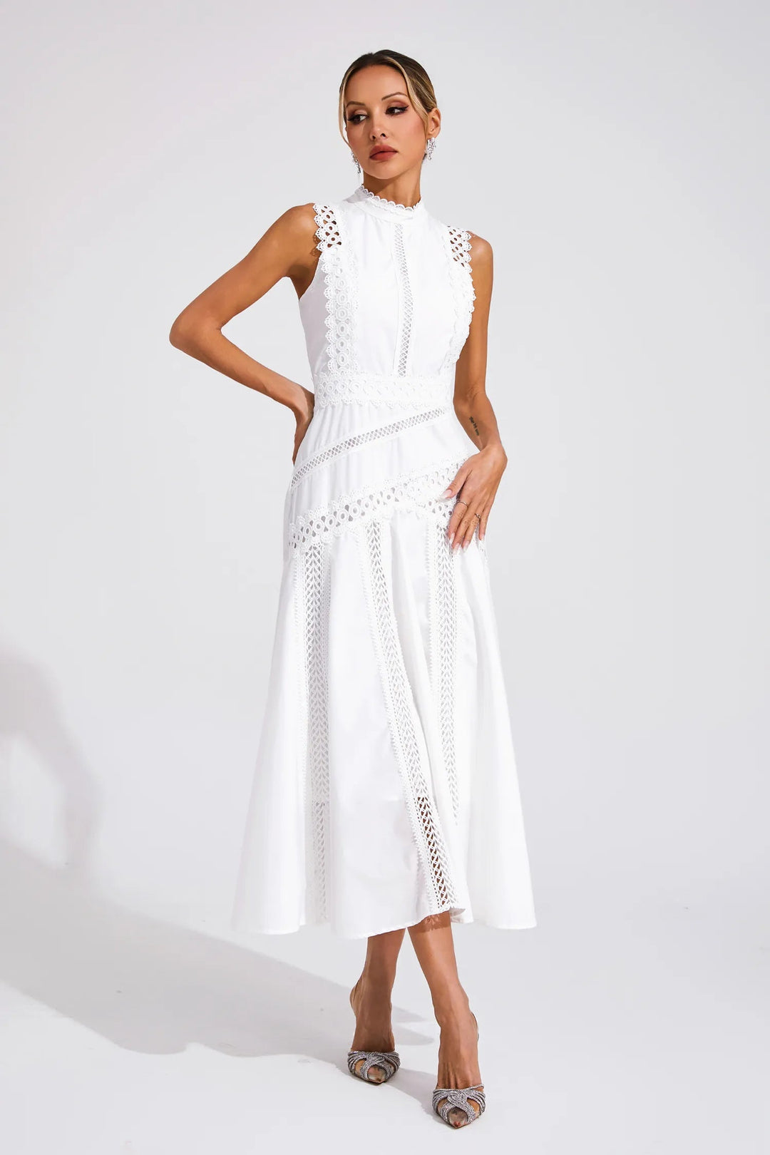 Caroline | Chic Sleeveless Lace Midi Wedding Guest Dress