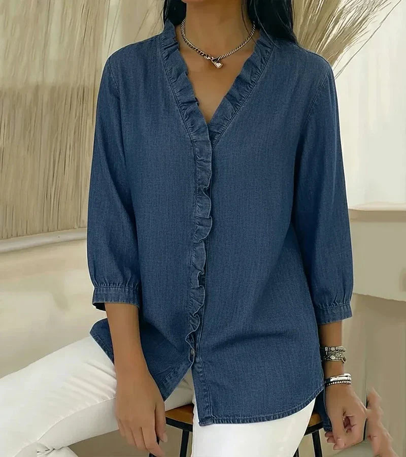 Zara | Women's Ruffle V-Neck 3/4 Sleeve Blouse