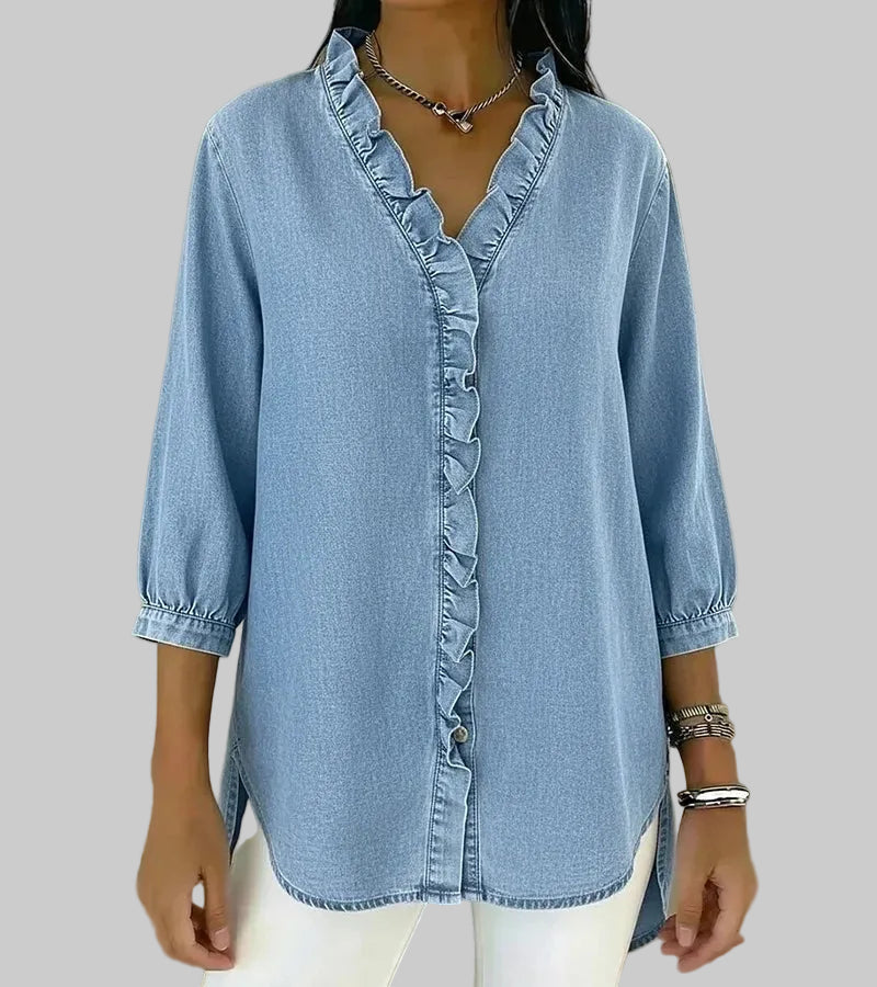Zara | Women's Ruffle V-Neck 3/4 Sleeve Blouse